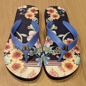 Floral Women's Flip Flops with Blue Straps